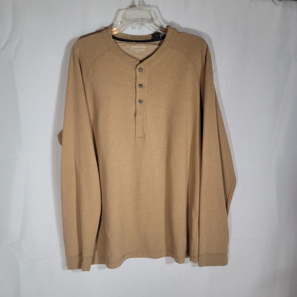 St. John's Bay Men's Sueded Jersey Henley Tee Camel Long Sleeve 100% Cotton Lg